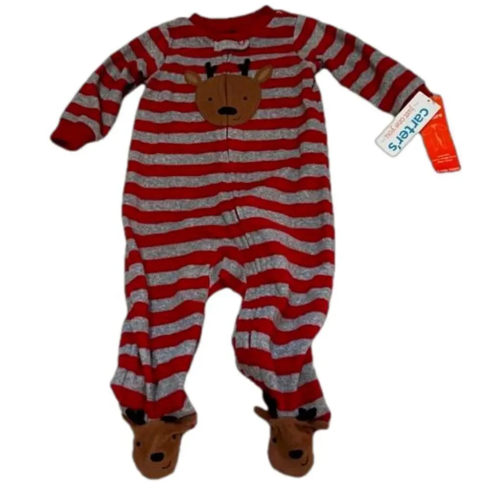 Carters Baby Striped Reindeer Footed Sleeper Onesie Two Way Zip Size 6M Red NWT